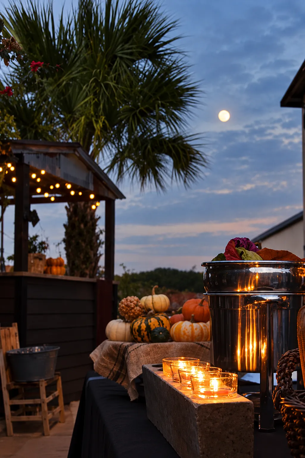 Fall-themed outdoor buffet with pumpkins, candles and a string-lit bar at dusk for an evening event at Milagro Ranch Venue